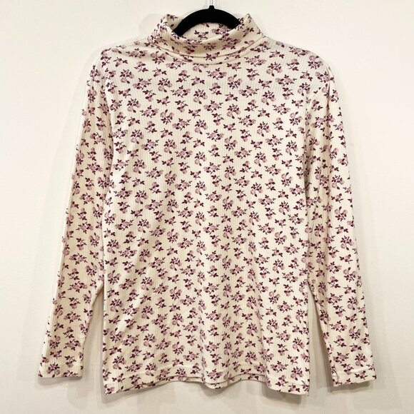 Vintage Sweaters - 2/$30 EUC Vintage Cotton Blend Floral Turtleneck Sweater Top Cream Purple Medium